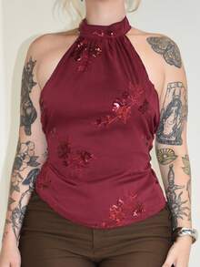 Arliah Áo crop top Y2K không tay cổ yếm, viền bất đối xứng, đính hạt, thêu gợi cảm dành cho nữ, mùa thu/đông - Đỏ - Xem 5