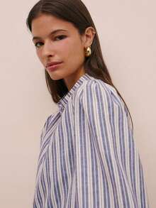 Nöista Elegant Blue And White Stripe Blouse,Mandarin Collar Long Puff Sleeves With Smocked Frill Cuffs,Front Ruffle Trim Vintage Top For Autumn Brunch - Blue and White - View 5
