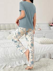 Contrast Color Casual Print Short Sleeve & Pants Women Pajama Set - Baby Blue - View 2