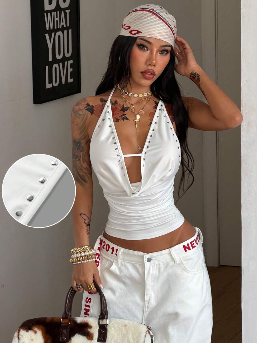 SHEIN Coolane Women's Summer Western Wear Concert Streetwear Chic Y2K Casual Party  Music Festival Country Concert Stretchy White Cowl Neck Halter Top - White - View 1