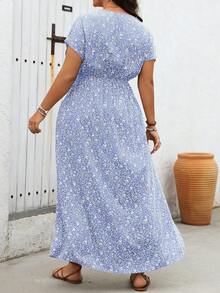 Ceyna Đầm maxi nữ cỡ lớn cổ chữ V tay ngắn họa tiết hoa nhí, kiểu dáng rộng rãi thoải mái, thời trang, thích hợp cho dịp Giáng sinh. - Màu xanh nhạt - Xem 2