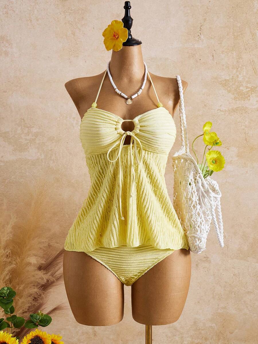 Bellisia 2026SS Women's Yellow Summer Casual Vacation Holiday Jacquard Textured Sweet & Cute Spaghetti Strap Bikini Set,Boho Y2K 2 Pieces Push Up Bathing Suit - Multicolor - View 1