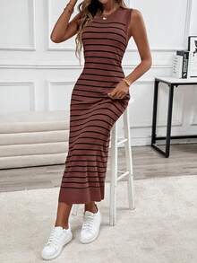 SHEIN LUNE Casual Comfortable Striped Sleeveless Dress For Women - Rust Brown - View 7