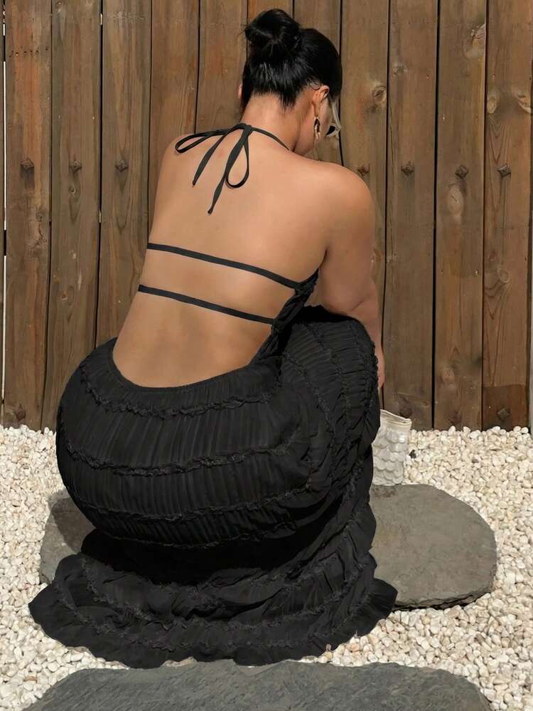 Dazy Plus Chiffon Mesh Sexy Lace-Up Backless Dress, Vacation Style