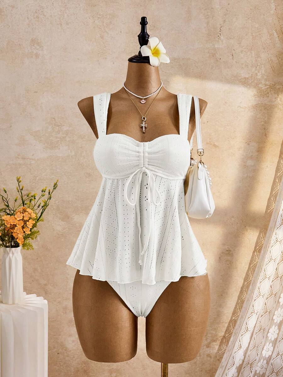 Bellisia 26SS Spring/Summer Vacation Beach Cute Yellow Jacquard Embroidered Camisole & Bikini Set - White - View 1