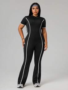 SHEIN Dewbera 1件装加大码黑色撞色连体裤，紧身瑜伽裤，柔软舒适，适合运动、健身、锻炼、跑步等场合。女士加大码连体裤，女士连体裤，加大码服装，加大码运动服，女士连体裤 - 黑色 - 查看 7