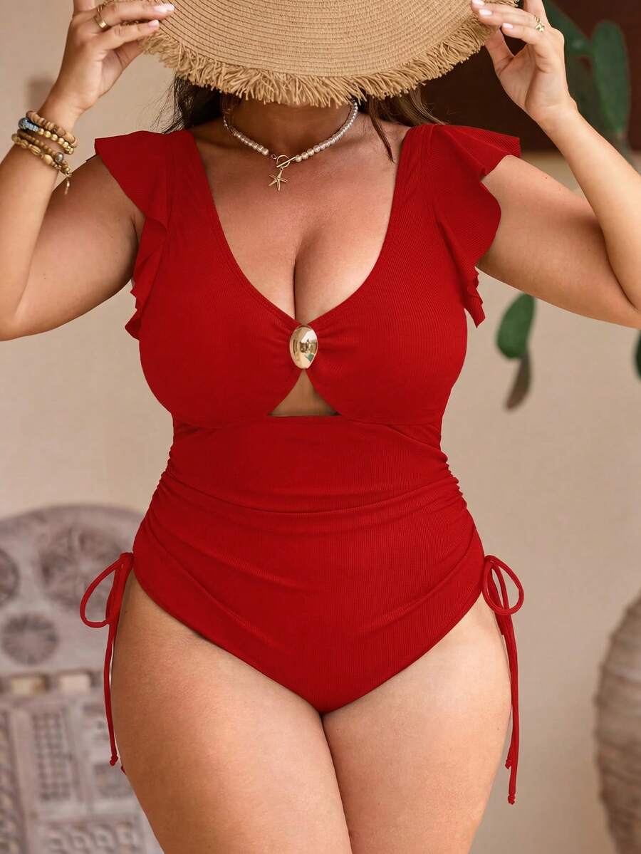 Swim Chiccia 1件加大码女士黑色连体泳衣，性感单件泳装，适合夏季度假 - 紅色 - 查看 1