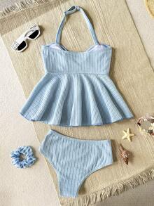 SHEIN 少女海滩度假金属海星装饰吊带泳衣套装 - 黑與白 - 查看 5