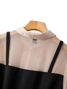 GlowEve CURVE Midi-Kleid in Große Größen für Frauen mit transparenten Farbblöcken, Kragen, Taillenbindung und langen Ärmeln, elegant und vielseitig einsetzbar - Aprikosenfarben - Übersicht 8