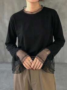 FRIFUL Camiseta holgada y versátil de unicolor con parches, tela de malla de lunares transparente - Negro - Ver 3