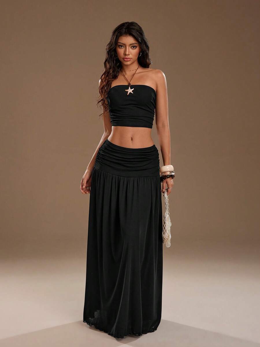 TRNVIE Women's Romantic Pink Mesh Bandeau Top And High Waist Pleated Mesh Maxi Skirt 2-Piece Set, Suitable For Spring/Summer Vacation - Black - View 1