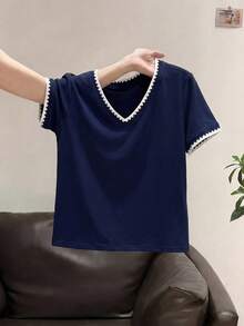 Resyla Áo thun nữ tay ngắn cổ chữ V viền tương phản, thích hợp mặc hàng ngày đi làm hoặc đi nghỉ mát, mùa hè. - Màu xanh hải quân - Xem 4