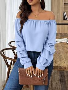 EMERY ROSE Plus Size Women's Casual Solid Color Off-Shoulder Blouse - Baby Blue - View 3