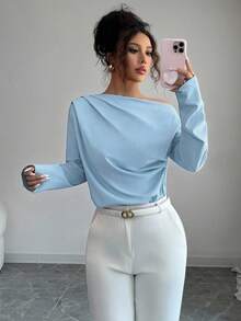 Elenzga Women's New Autumn Oblique Shoulder Ruched Long Sleeve Blouse - Baby Blue - View 7