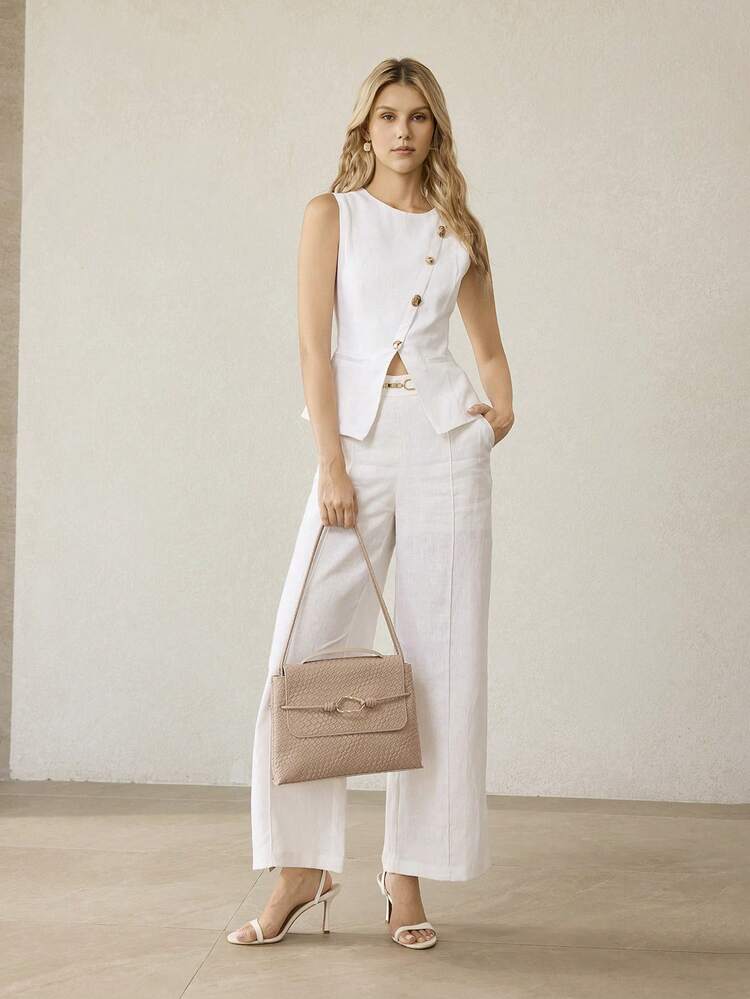 WOMEN'S BEIGE FASHIONABLE CASUAL ELEGANT SHOULDER BAG WITH WOVEN EMBOSSED TEXTURE,LARGE CAPACITY,FOR COMMUTE, FOR SHOPPING,FOR DAILY