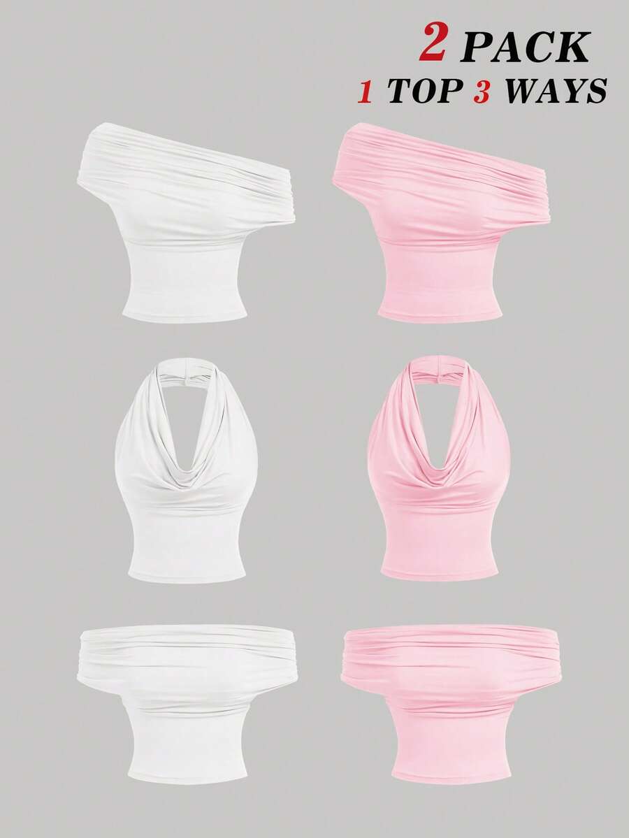 SHEIN MOD 2件套三穿女式休闲纯色修身上衣，C - 淺粉色 - 查看 1