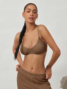 Ocili 100% Cotton Ribbed Comfortable Basic Minimalist Underwear, EasyComfort ChicAutumnCasual Women's Bra - Khaki - View 5