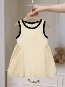 Souflis Souflis Vestido Casual Esportivo de Tricô Branco Creme para Bebê Menina, Emenda Assimétrica em Contraste de Cor, Adequado para Brincadeiras de Verão, Casa, Férias, Doce e Fofo - Damasco - Visão 3