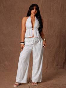 Rustia Plus Size Women V-Neck Striped Halter Top And Wide Leg Pants 2 Pieces Set - Apricot - View 4
