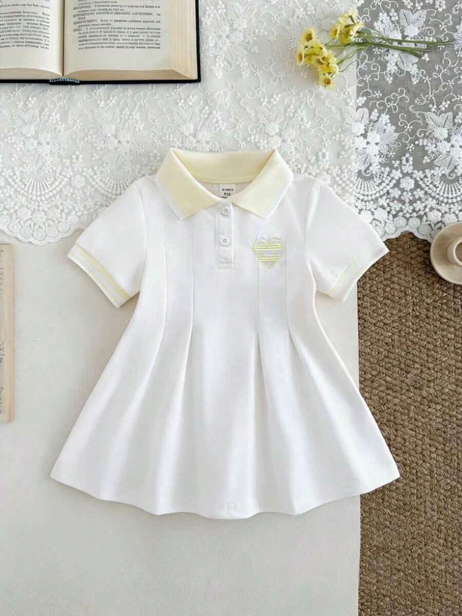 SHEIN 1 pieza Vestido casual blanco para niñas, con cuello y puños acanalados, adecuado para uso casual, al aire libre, deportes, fiesta - Amarillo - Ver 1