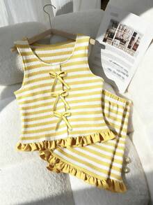 2pcs/Set Soft Green And White Striped Bow Tie Sleeveless Crop Top + Ruffle Hem Shorts Set For Teenage Girls,Cute Summer Holiday Sweet & Spicy Style - Multicolor - View 5