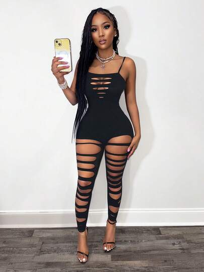 BamGleam Women's Sexy Hollow Out Mesh Sheer Jumpsuit
