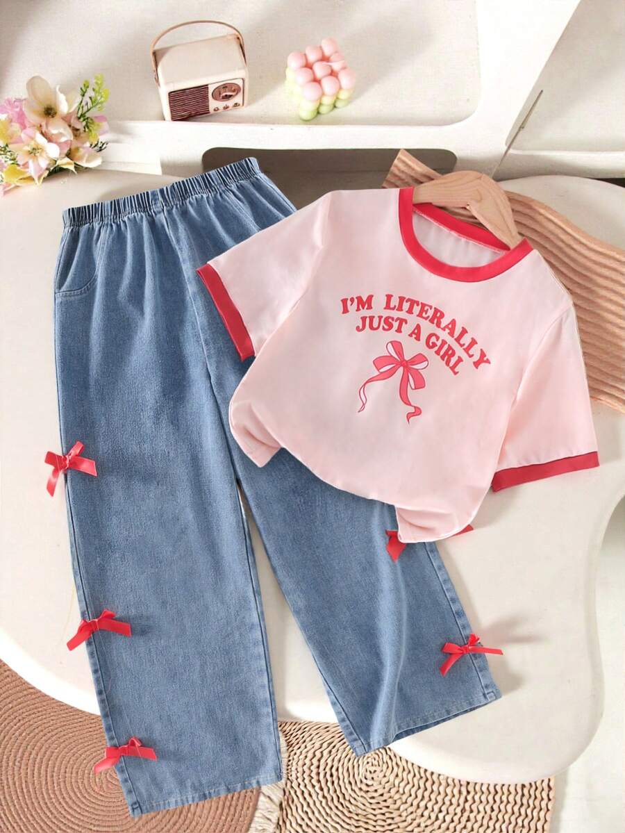 SHEIN 少女时尚蝴蝶结短袖T恤套装 - 粉色 - 查看 1