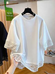 EMERY ROSE Plus Size Lace Patchwork Short Sleeve Round Neck T-Shirt - White - View 1