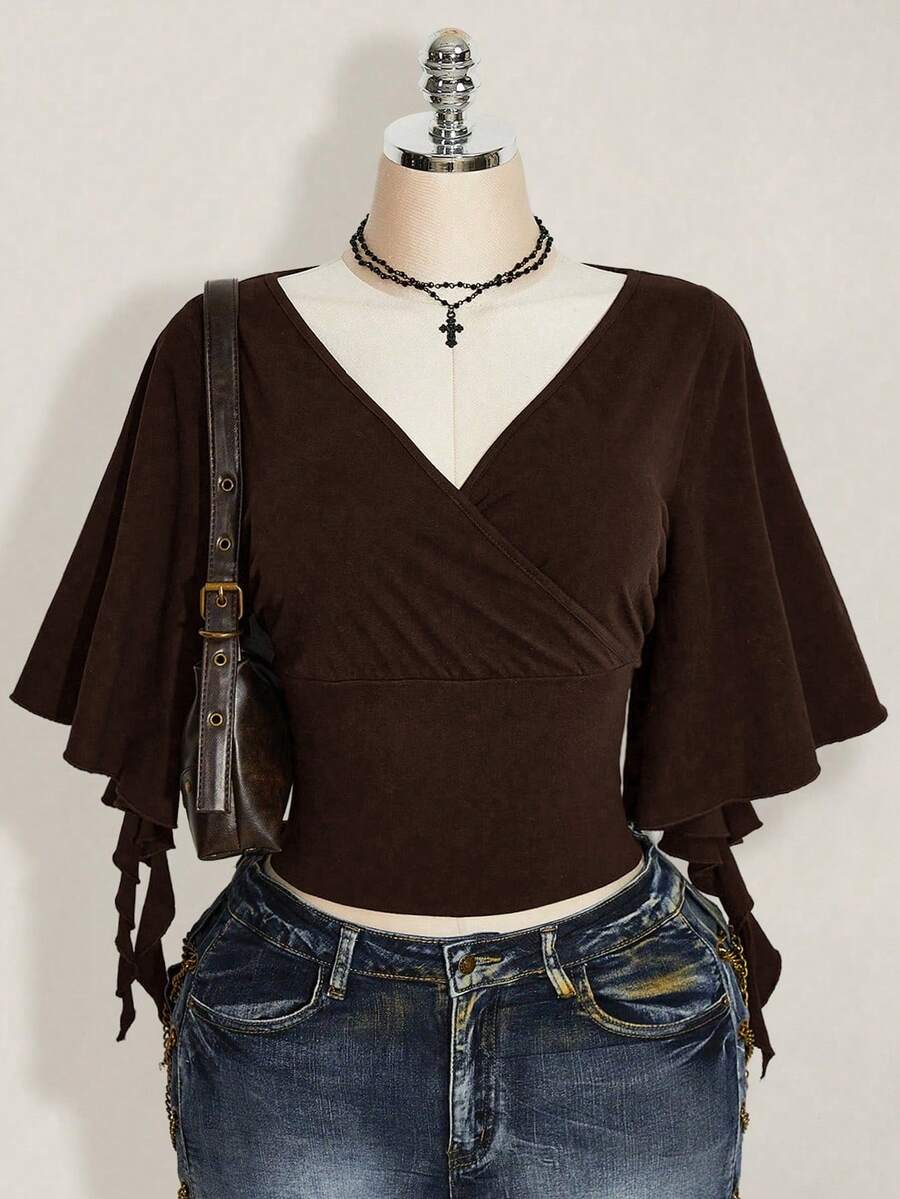 SHEIN ICON Plus Size Women V-Neck Flare Sleeve Ruched T-Shirt - Brown - View 1