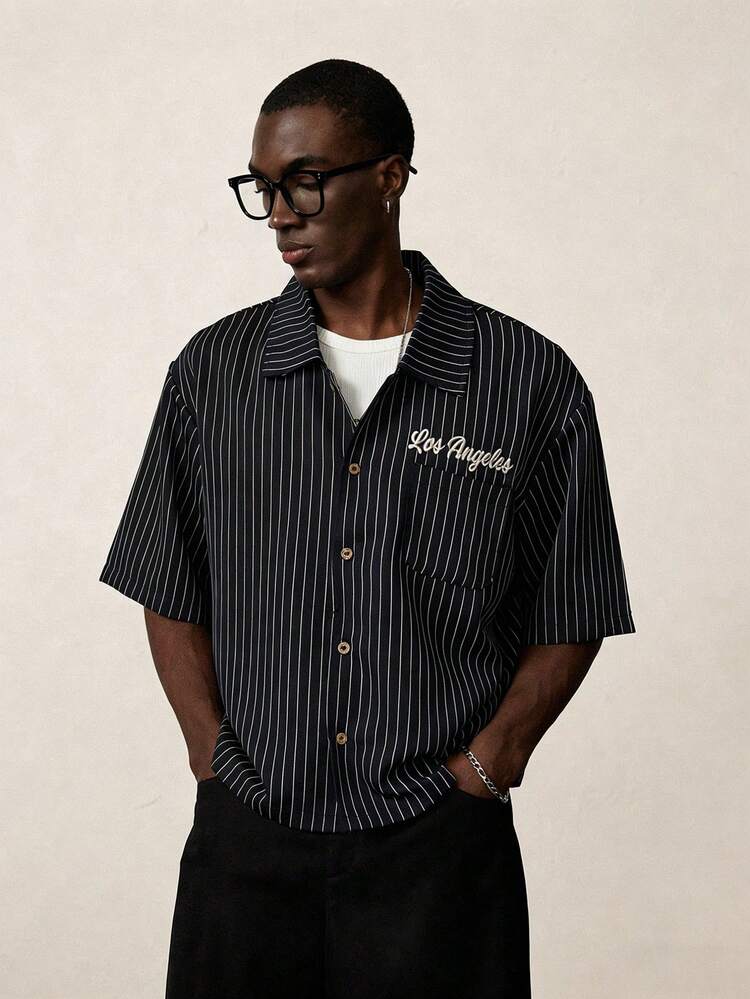 STYNVO Men's Casual Striped Letter Embroidered Shirt, Summer