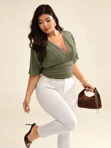 Auralis Plus Size Sexy Solid Deep V-Neck Cinched Waist T-Shirt, Summer - Red Violet - View 6