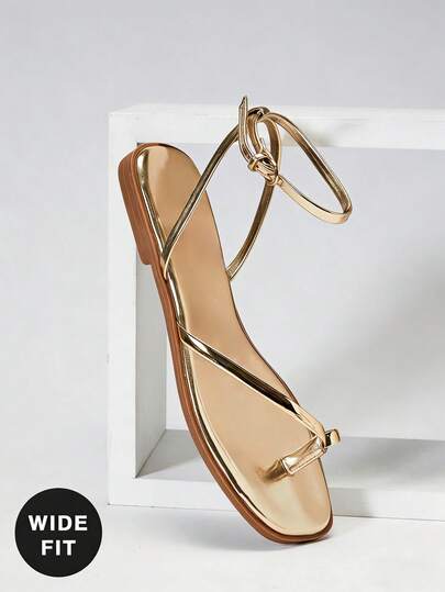 SHUZIA #Wide Fit UrbanLuxe Women's Electroplated Gold TPU Strap Lt Gold Ankle Wrap Ring Toe Flat Sandals – Elegant, Minimalist & Luxurious Everyday Style.
