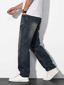 Chillumni Men's Vintage Washed Straight Leg Casual Jeans - Medium Wash - View 4