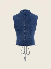 SHEIN EZwear 女士时尚性感镂空牛仔系带露脐上衣 - 深色水洗藍 - 查看 2