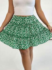 SHEIN Essnce Plus-Size Women's Green Summer Boho Holiday Floral Print Elastic Waistband Skirt Pants,Casual Sportswear Loose Comfortable Tennis Anti-Exposure Skirt - Green - View 5
