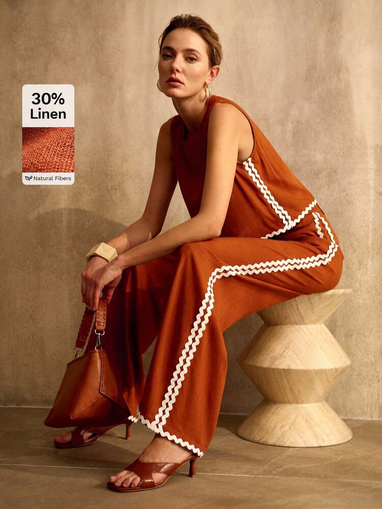 2PCS WOMEN'S CASUAL FASHIONABLE OUTFIT, CONTRAST COLOR RUFFLE TRIM DETAIL