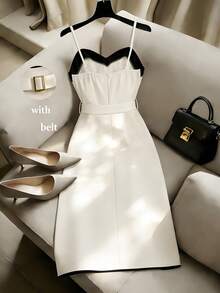 Franclia French-Style Elegent White And Black Color-Block Dress For Women,Summer Slit Midi Spaghetti-Strap Bodycon Dress For Work And Dinner Date - Beige - View 2