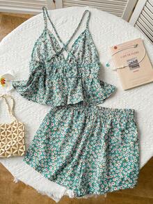 SHEIN EZwear Bộ đồ đi nghỉ mát dành cho nữ: áo hai dây và quần short họa tiết hoa nhí màu xanh lá cây. - màu xanh lá - Xem 3