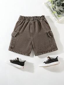 Genkimix Kids Kleine Jungen Casual Jeans Shorts, khakifarben, Frühling/Sommer, Kordelzug Dekoration, Cargo Taschen, weite Passform, weiches & bequemes Material, modischer Alltags-Look - Braun - Übersicht 3