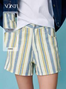 Nöista Quần short kẻ sọc có cạp cao và dáng rộng thoải mái, kết hợp các sọc dọc màu xanh dương, vàng và trắng, năm túi và thắt lưng dạng vòng. Thích hợp cho mùa xuân, mùa hè, đi biển, mặc thường ngày. - Nhiều màu - Xem 1