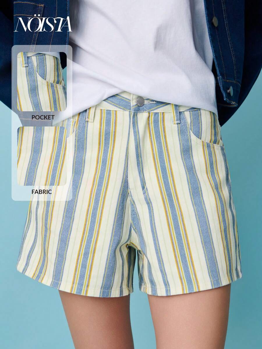 Nöista Quần short kẻ sọc có cạp cao và dáng rộng thoải mái, kết hợp các sọc dọc màu xanh dương, vàng và trắng, năm túi và thắt lưng dạng vòng. Thích hợp cho mùa xuân, mùa hè, đi biển, mặc thường ngày. - Nhiều màu - Xem 1