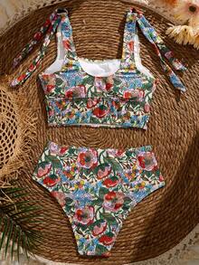 Swim Mod Bộ bikini nữ mùa hè, kiểu dáng thường ngày, họa tiết hoa ngẫu nhiên, phong cách retro, có dây đeo, thích hợp cho kỳ nghỉ biển. - Nhiều màu - Xem 6