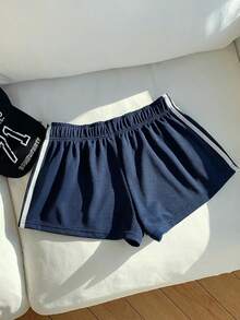 Comfortcana Women's Summer Casual Sports Everyday Commute Waffle Fabric Contrast Striped Side Loose Shorts - Blue - View 2