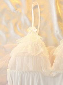 Women's Sexy Sheer Polka Dot Mesh Multi-Layer Ruffle Trim Spaghetti Strap Mini Nightgown - Pink - View 8