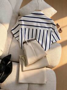 GlowEve CURVE 女士夏季条纹衬衫长裤套装（2件套），休闲优雅装扮 - 彩色 - 查看 2