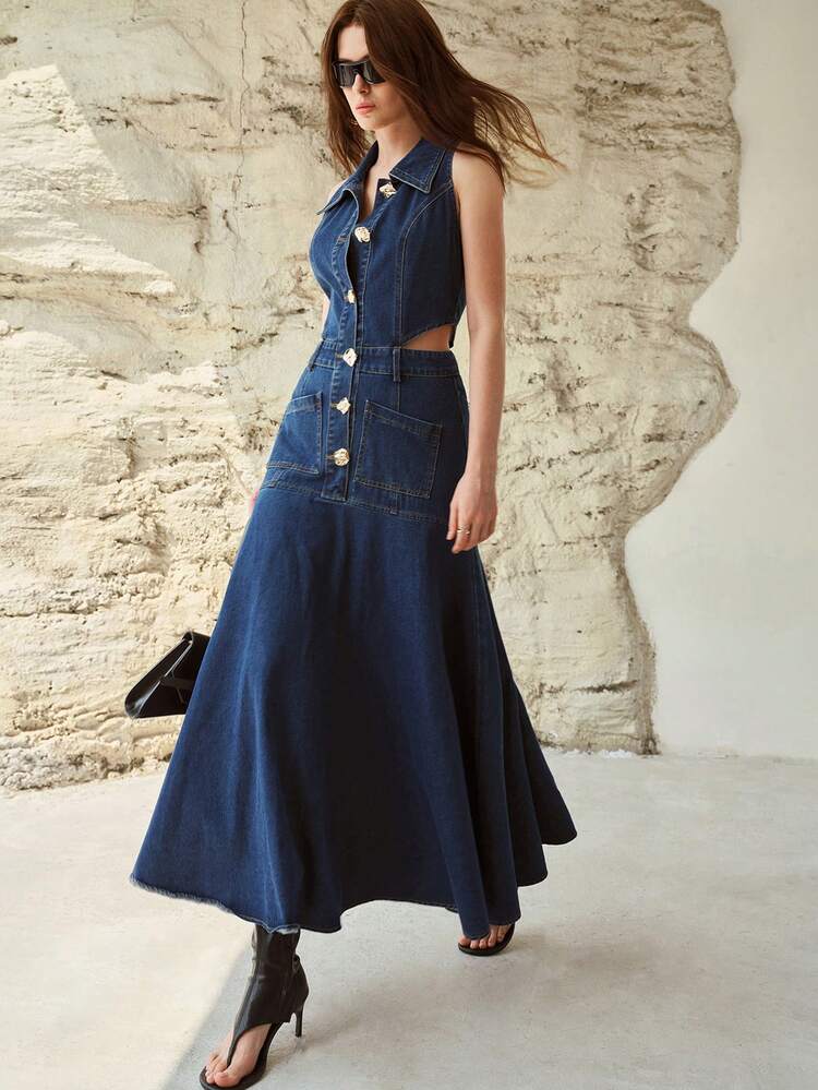WOMEN'S TURNDOWN COLLAR SLEEVELESS LONG DENIM DRESS, SPRING/SUMMER