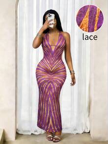 Zyxie 女士度假休闲性感透视印花吊带露背连衣裙，修身性感，适合派对、约会、邮轮、度假、海滩、音乐节等场合，波西米亚风格 - 彩色 - 查看 4