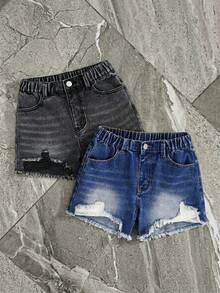 Bộ 2 quần short denim cho bé gái tuổi teen, bán chạy nhất mùa hè, denim xanh nhạt & denim đen, phong cách Y2K sinh viên, thời trang đường phố thường ngày, ống quần rộng thẳng, chất liệu denim cotton thoải mái, họa tiết hoa văn rách, phù hợp mặc hàng ngày, đi học, đi làm, dự tiệc, chuẩn bị cho năm học mới. Hàng mới về - Nhiều màu - Xem 3