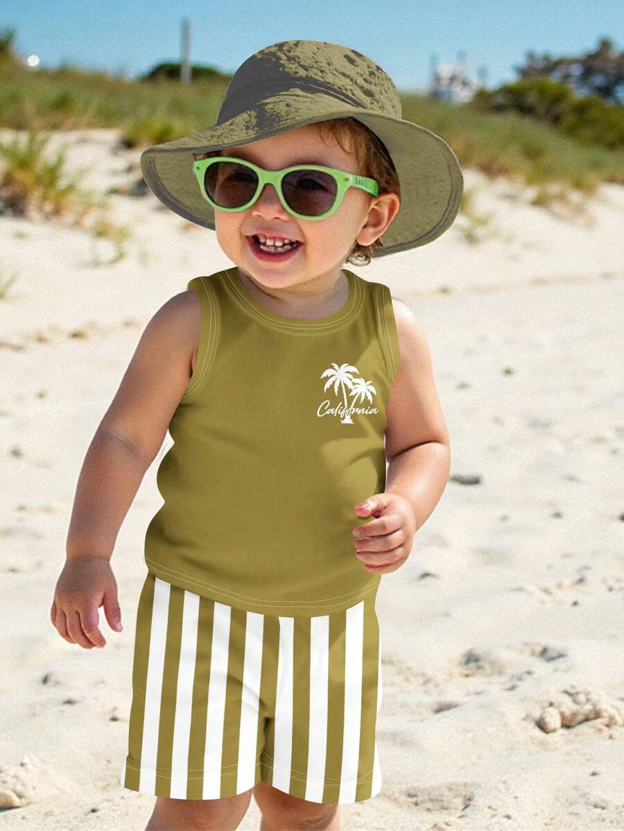 SHEIN Conjunto informal y cómodo para bebé niño, con estampado clásico de palmeras y pantalones a rayas, adecuado para la playa y vacaciones, primavera/verano - Multicolor - Ver 1