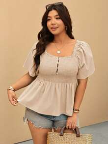 Elaquor Plus Size Women's Vacation Solid Color Square Neck Button Up Pleated Ruffle Hem Blouse - Apricot - View 6